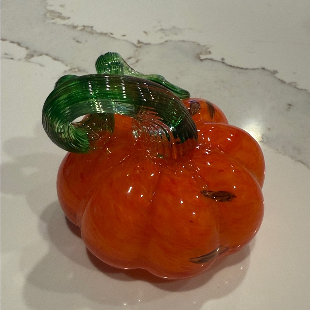 Vibrant Glass Pumpkin Sculpture - Orange and Green - Picture 2 of 6
